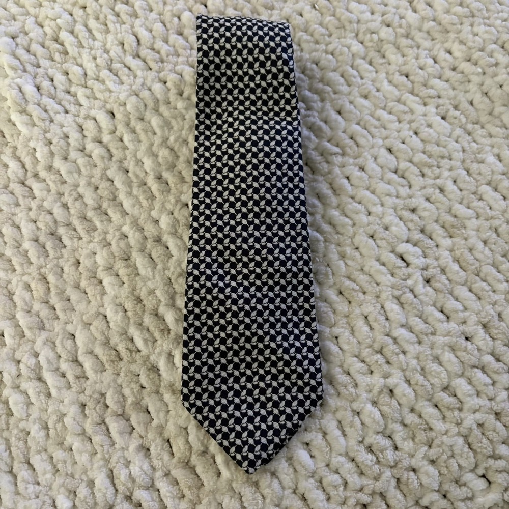 Vintage Christian Dior Silk Neck Tie Navy Blue Geometric Pattern Quiet Luxury